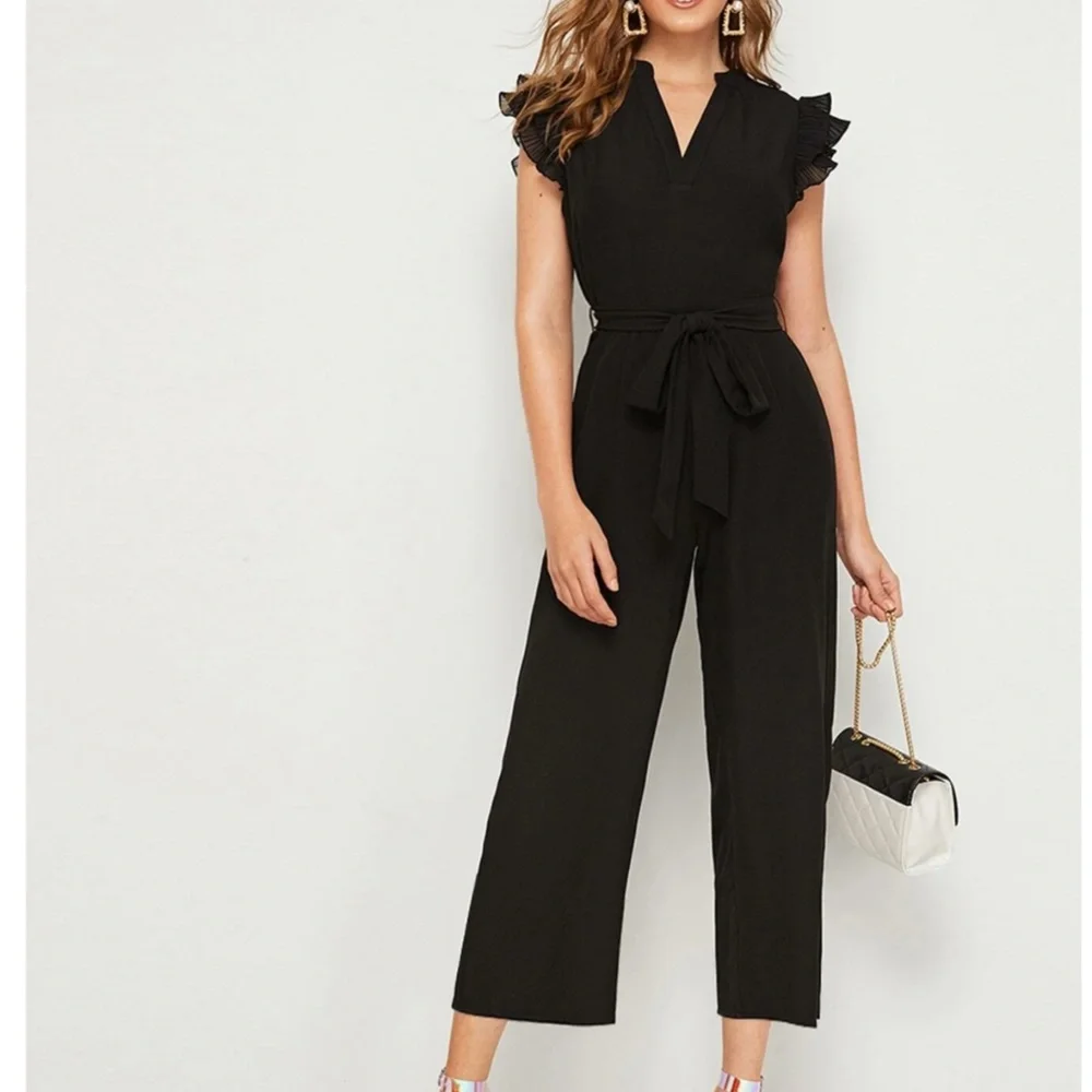 Black Elegant Belted Jumpsuit V-Neck Cap Short Sleeve - Picture 1 of 8